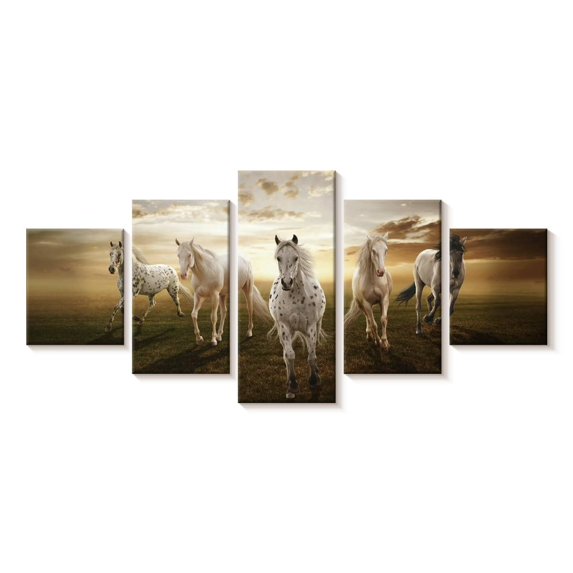 Elephant Stock Dramatic White Horses Wall Art - Horizontal Multi Panel Canvas - Living Room Wall Decor - Animal Multi Panel - Gray And Beige Decor - 92" x 42"