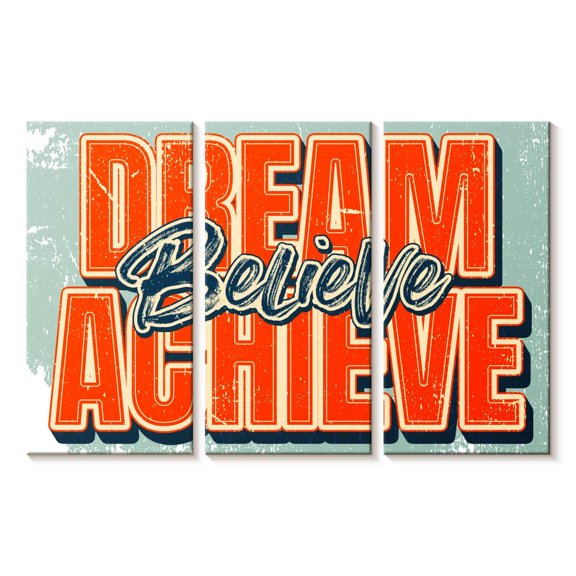 Elephant Stock Dream Believe Achieve Typography Wall Art - Horizontal Multi Panel Canvas - Living Room Wall Decor - Inspirational And Typography Multi Panel - Beige And Orange Decor - 23" x 14"