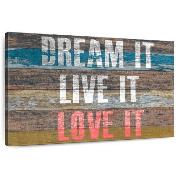 Elephant Stock Dream Live Love Quote Wall Art - Horizontal Canvas Wall Art - Living Room Wall Decor - Inspirational And Typography Canvas - Teal And Pink Decor - 51" x 34"