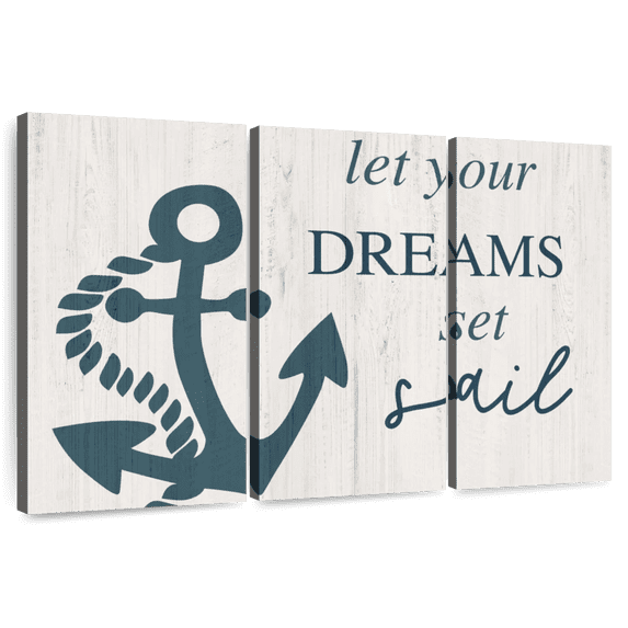 Elephant Stock Dreams Set Sail Wall Art - Horizontal Multi Panel Canvas - Living Room Wall Decor - Inspirational And Typography Multi Panel - Beige And Blue Decor By Natalie Carpentieri - 57" x 36"