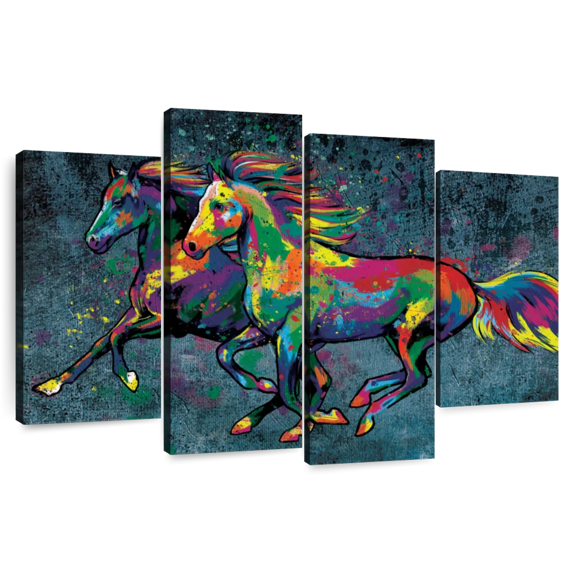 Elephant Stock Duo Horse Color Splash Paint Wall Art - Horizontal Multi Panel Canvas - Living Room Wall Decor - Animal Multi Panel - Green And Brown Decor - 43" x 27"