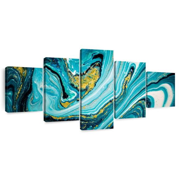 Elephant Stock Dynamic Abstract Marble Wall Art - Horizontal Multi Panel Canvas - Living Room Wall Decor - Abstract Multi Panel - Gold And Blue Decor - 74" x 34"