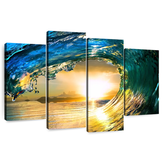 Elephant Stock Dynamic Ocean Wave Wall Art - Horizontal Multi Panel Canvas - Living Room Wall Decor - Beach Multi Panel - Orange And Teal Decor - 75" x 48"