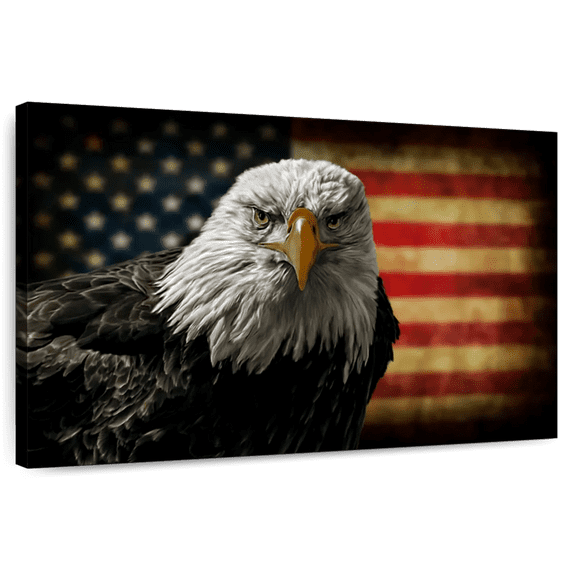 Elephant Stock Eagle And Flag Of America Wall Art - Horizontal Canvas Wall Art - Living Room Wall Decor - Animal Canvas - Red And Brown Decor - 12" x 8"