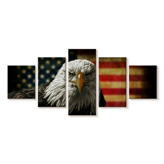 Elephant Stock Eagle And Flag Of America Wall Art - Horizontal Multi Panel Canvas - Living Room Wall Decor - Animal Multi Panel - Red And Brown Decor - 29" x 12"