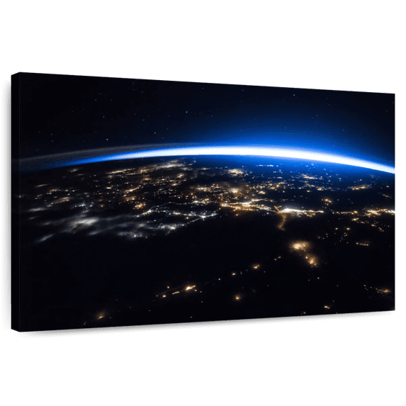 Elephant Stock Earth Night Glory Wall Art - Horizontal Canvas Wall Art - Living Room Wall Decor - Astronomy & Space Canvas - Black And Blue Decor By Nasa - 24" x 16"