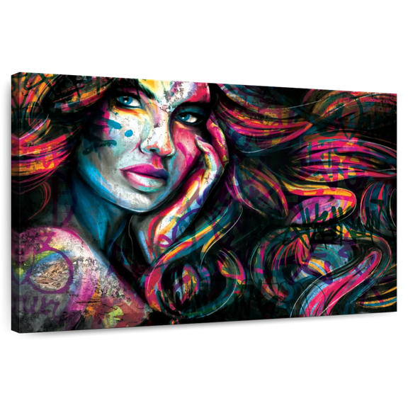 Elephant Stock Edgy Female Portrait Wall Art - Horizontal Canvas Wall Art - Hallway Wall Decor - People Canvas - Black And Pink Decor - 12" x 8"