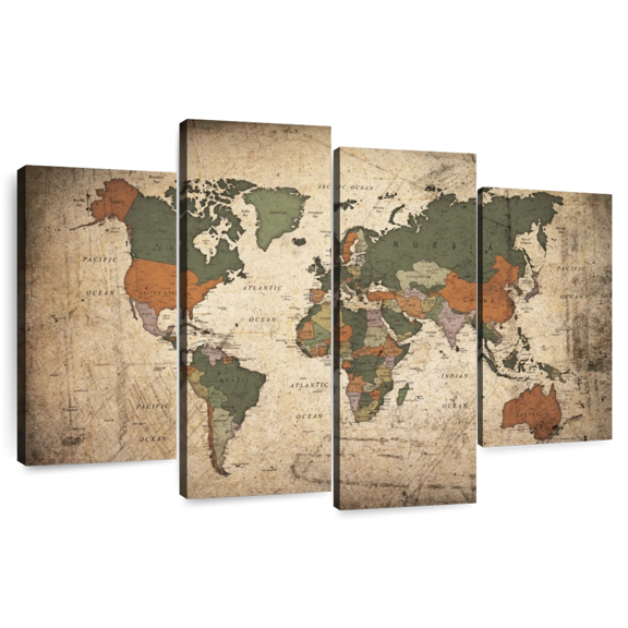 Elephant Stock Educational World Map Iv Wall Art - Horizontal Multi Panel Canvas - Living Room Wall Decor - Education Multi Panel - Beige And Brown Decor - 36" x 22"