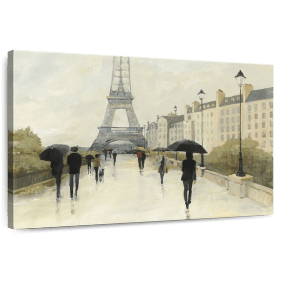 Elephant Stock Eiffel In The Rain Wall Art - Horizontal Canvas Wall Art - Living Room Wall Decor - Places Canvas - Beige And Blue Decor By Avery Tillmon - 12" x 8"
