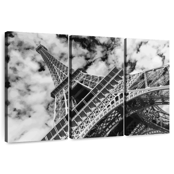 Elephant Stock Eiffel Tower Cloudscape Wall Art - Horizontal Multi Panel Canvas - Living Room Wall Decor - Architecture Multi Panel - Black And Gray Decor - 33" x 20"