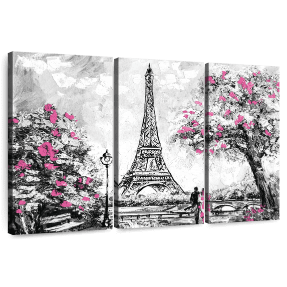 Elephant Stock Eiffel Tower Landscape Pop Wall Art - Horizontal Multi Panel Canvas - Living Room Wall Decor - Places Multi Panel - Gray And Pink Decor - 23" x 14"
