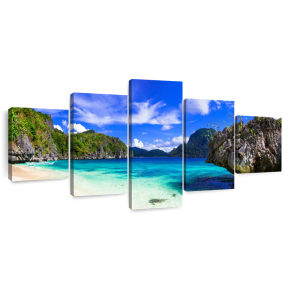Elephant Stock El Nido Palawan Beach Wall Art - Horizontal Multi Panel Canvas - Living Room Wall Decor - Beach Multi Panel - Green And Blue Decor - 80" x 36"