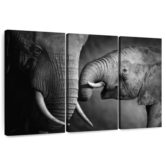 Elephant Stock Elephant Affection Wall Art - Horizontal Multi Panel Canvas - Living Room Wall Decor - Animal Multi Panel - Black And Gray Decor - 50" x 32"