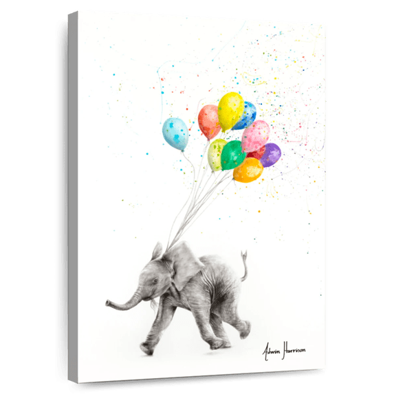 Elephant Stock The Elephant And The Balloons Wall Art - Vertical Canvas Wall Art - Living Room Wall Decor - Animal Canvas - White And Pink Decor By Ashvin Harrison - 20" x 30"