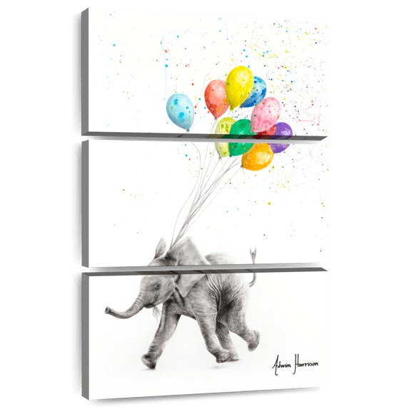 Elephant Stock The Elephant And The Balloons Wall Art - Vertical Multi Panel Canvas - Living Room Wall Decor - Animal Multi Panel - White And Pink Decor By Ashvin Harrison - 32" x 50"