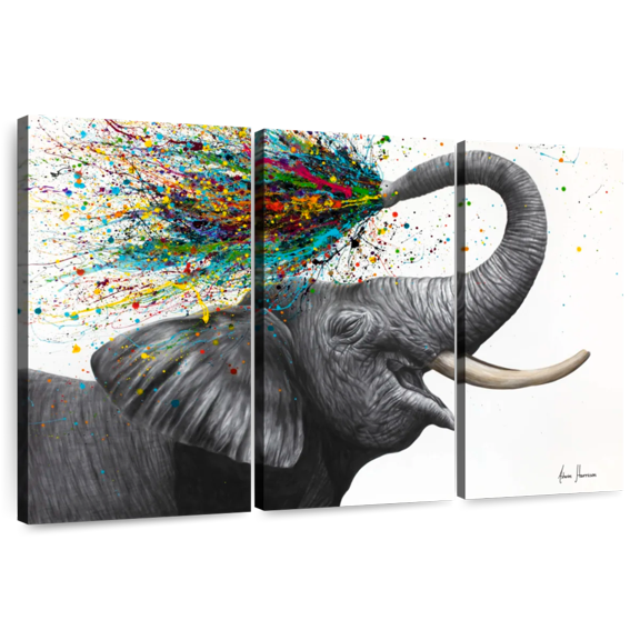 Elephant Stock Elephant Elation Wall Art - Horizontal Multi Panel Canvas - Living Room Wall Decor - Animal Multi Panel - Gray And Gold Decor By Ashvin Harrison - 45" x 28"