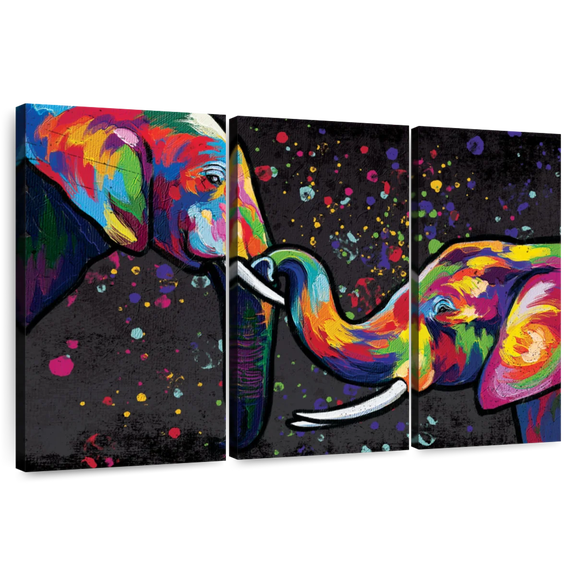 Elephant Stock Elephant Family Abstract Color Wall Art - Horizontal Multi Panel Canvas - Living Room Wall Decor - Animal Multi Panel - Blue And Gold Decor - 74" x 48"