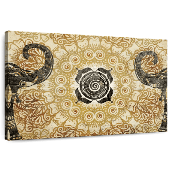 Elephant Stock Elephant Lotus Mandala Wall Art - Horizontal Canvas Wall Art - Living Room Wall Decor - Decor Elements Canvas - Brown And Black Decor - 39" x 26"