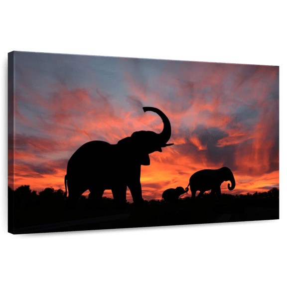 Elephant Stock Elephant Silhouette Sunset Wall Art - Horizontal Canvas Wall Art - Living Room Wall Decor - Animal Canvas - Black And Orange Decor - 12" x 8"