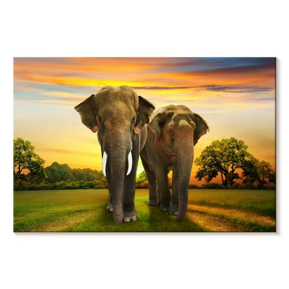 Elephant Stock Elephant Sunset Duo Wall Art - Horizontal Canvas Wall Art - Living Room Wall Decor - Animal Canvas - Green And Gray Decor - 12" x 8"