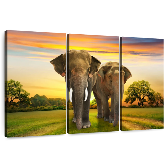 Elephant Stock Elephant Sunset Duo Wall Art - Horizontal Multi Panel Canvas - Living Room Wall Decor - Animal Multi Panel - Green And Gray Decor - 74" x 48"