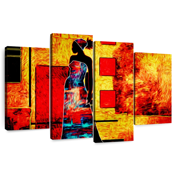 Elephant Stock Ethnic African Queen Wall Art - Horizontal Multi Panel Canvas - Living Room Wall Decor - People Multi Panel - Red And Black Decor - 68" x 42"