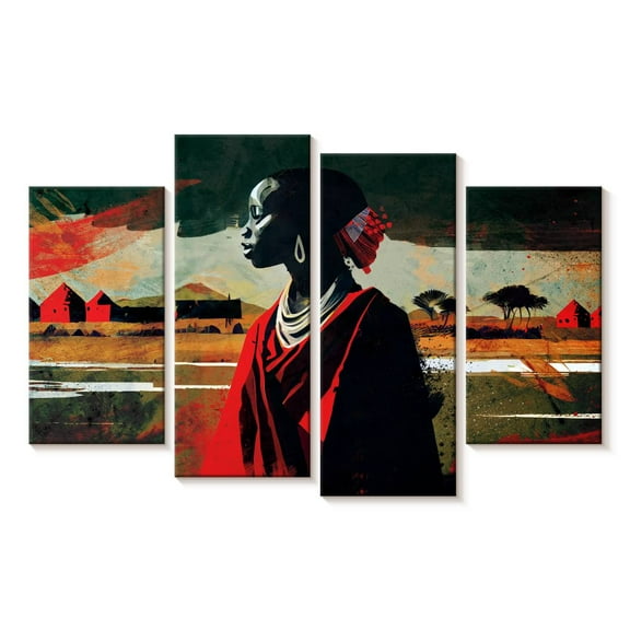 Elephant Stock Ethnic African In Red Wall Art - Horizontal Multi Panel Canvas - Living Room Wall Decor - People Multi Panel - Black And Orange Decor - 30" x 18"