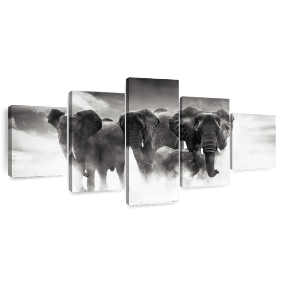 Elephant Stock Etosha Park Elephants Wall Art - Horizontal Multi Panel Canvas - 5 Pieceliving Room Wall Decor - Photography Animal Multi Panel - Black And Gray Decor - 55" x 24"