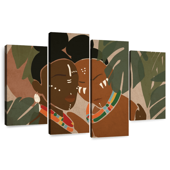 Elephant Stock Exotic African Beauty Wall Art - Horizontal Multi Panel Canvas - Living Room Wall Decor - People Multi Panel - Brown And Green Decor - 68" x 42"