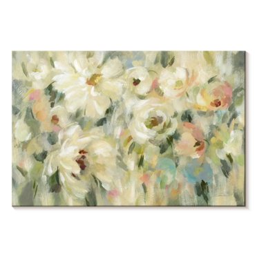 Elephant Stock Expressive Pale Floral Wall Art - Horizontal Canvas Wall Art - Living Room Wall Decor - Abstract Canvas - Green And Pink Decor By Silvia Vassileva - 12" x 8"