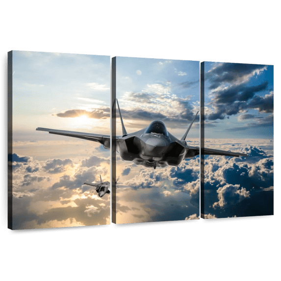 Elephant Stock F35 Fighter Jet Wall Art - Horizontal Multi Panel Canvas - Living Room Wall Decor - Military Multi Panel - Blue And White Decor - 33" x 20"