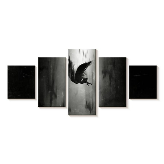 Elephant Stock Fallen Angel Lucifer Wall Art - Horizontal Multi Panel Canvas - Living Room Wall Decor - People Multi Panel - Black And Gray Decor - 29" x 12"