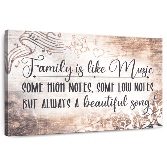 Elephant Stock Family Is Like Music Typography Wall Art - Horizontal Canvas Wall Art - Dining Room Wall Decor - Inspirational And Typography Canvas - Brown And Beige Decor - 24" x 16"
