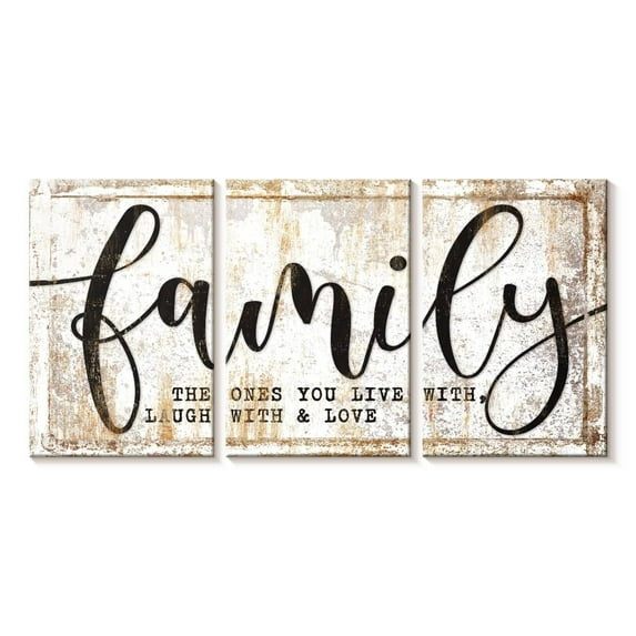 Elephant Stock Family Live Laugh Love Typography Wall Art - Horizontal Multi Panel Canvas - Living Room Wall Decor - Inspirational And Typography Multi Panel - Beige And White Decor - 26" x 12"