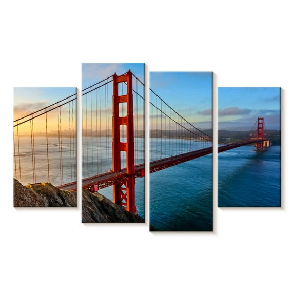 Elephant Stock Famous Golden Gate Bridge Wall Art - Horizontal Multi Panel Canvas - Living Room Wall Decor - Places Multi Panel - Teal And Blue Decor - 30" x 18"