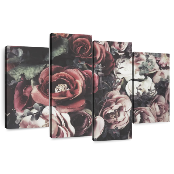 Elephant Stock Faux Roses Wall Art - Horizontal Multi Panel Canvas - Living Room Wall Decor - Floral And Botanical Multi Panel - Red And Beige Decor - 68" x 42"