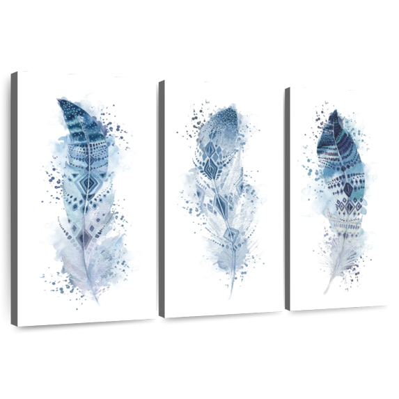 Elephant Stock Feather Ethnic Patterns Splash Wall Art - Horizontal Multi Panel Canvas - Living Room Wall Decor - Decor Elements Multi Panel - White And Blue Decor - 33" x 20"