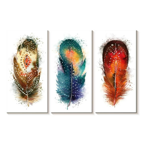 Elephant Stock Feather Patterns Splatter Wall Art - Horizontal Multi Panel Canvas - Living Room Wall Decor - Decor Elements Multi Panel - White And Beige Decor - 23" x 14"