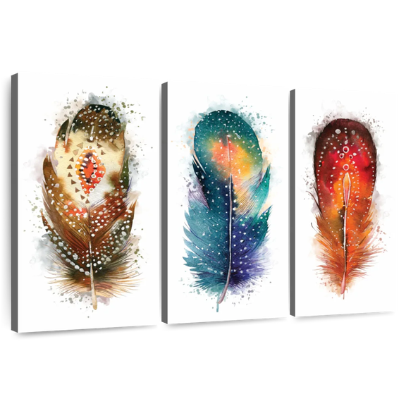 Elephant Stock Feather Patterns Splatter Wall Art - Horizontal Multi Panel Canvas - Living Room Wall Decor - Decor Elements Multi Panel - White And Beige Decor - 33" x 20"
