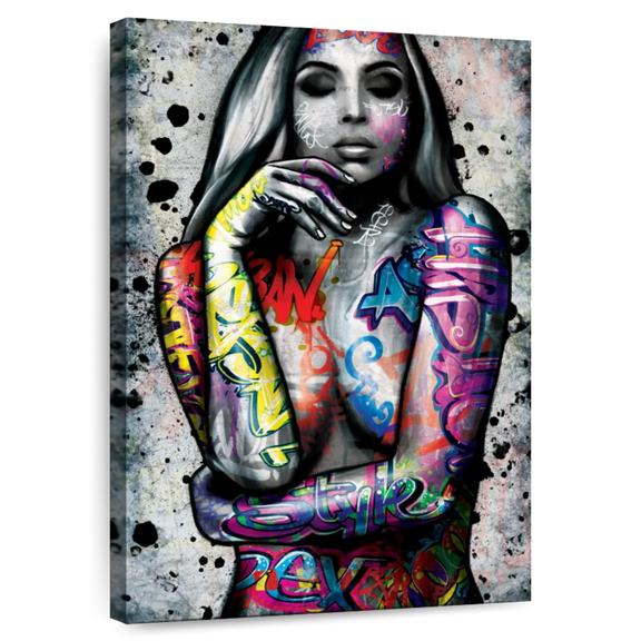 Elephant Stock Female Portrait Urban Wall Art - Vertical Canvas Wall Art - Living Room Wall Decor - People Canvas - Black And Purple Decor - 24" x 36"