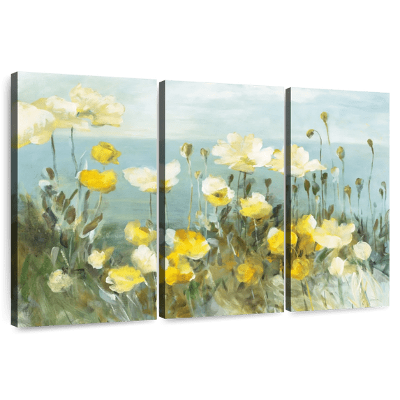 Elephant Stock Field Of Poppies Bright Wall Art - Horizontal Multi Panel Canvas - Living Room Wall Decor - Floral And Botanical Multi Panel - Blue And Gray Decor By Danhui Nai - 57" x 36"