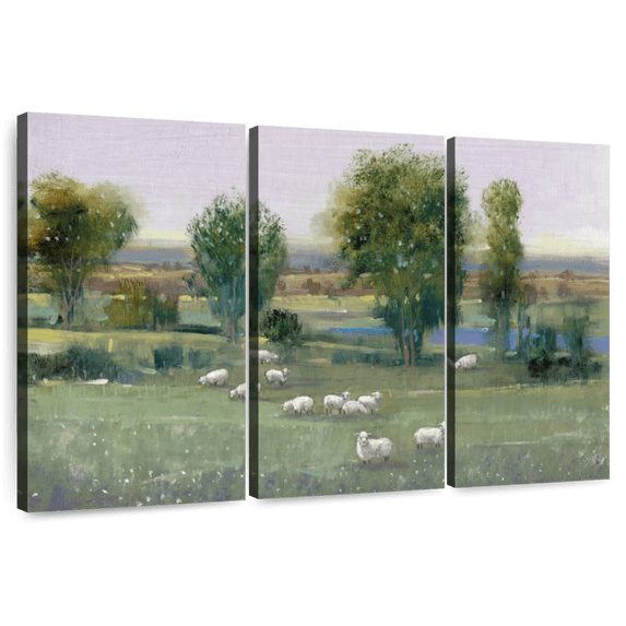 Elephant Stock Field Of Sheep I Wall Art - Horizontal Multi Panel Canvas - Living Room Wall Decor - Nature Multi Panel - Green And Purple Decor By Tim O'toole - 33" x 20"