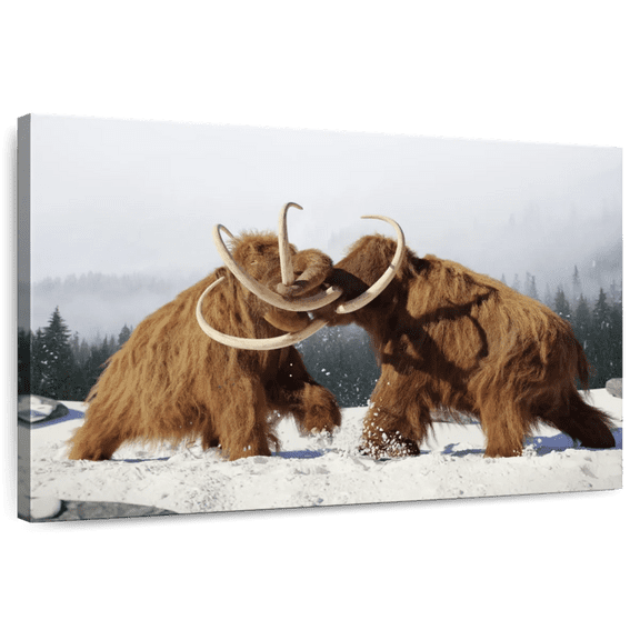 Elephant Stock Fighting Woolly Mammoths Wall Art - Horizontal Canvas Wall Art - Living Room Wall Decor - Animal Canvas - Beige And Gray Decor - 51" x 34"