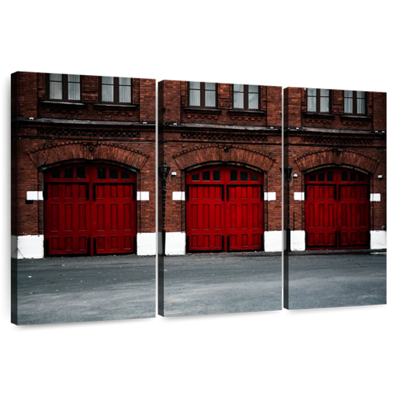 Elephant Stock Fire Station Wall Art - Horizontal Multi Panel Canvas - 3 Pieceliving Room Wall Decor - Photography Architecture Multi Panel - Brown And White Decor - 33" x 20"