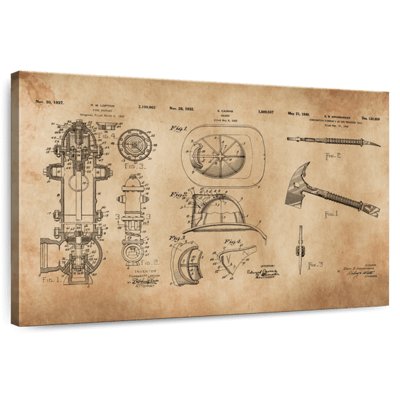 Elephant Stock Firefighter Equipment Patent Wall Art - Horizontal Canvas Wall Art - Living Room Wall Decor - Patent Canvas - Black And Beige Decor - 51" x 34"