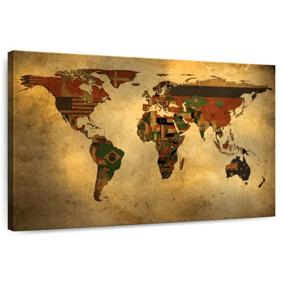 Elephant Stock Flags Of The World Map Wall Art - Horizontal Canvas Wall Art - Living Room Wall Decor - Map Canvas - Brown And Yellow Decor - 36" x 24"