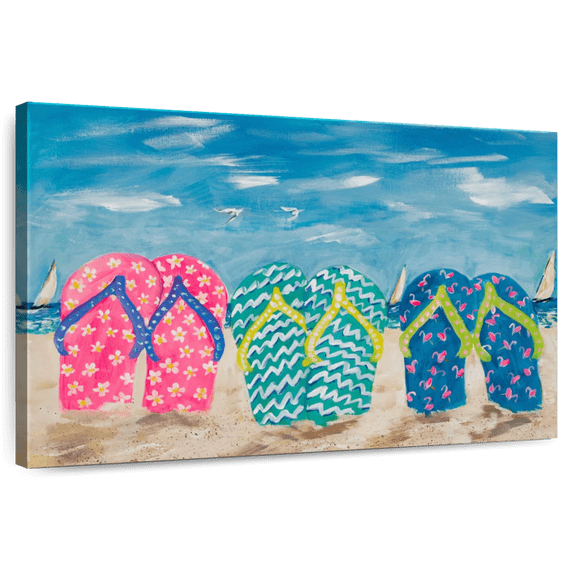 Elephant Stock Flip Flops In The Sand Wall Art - Horizontal Canvas Wall Art - Living Room Wall Decor - Beach Canvas - Blue And Teal Decor By Julie Derice - 48" x 32"