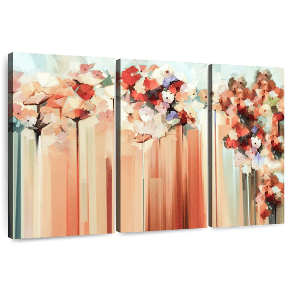 Elephant Stock Floral Abstract Wall Art - Horizontal Multi Panel Canvas - Living Room Wall Decor - Abstract Multi Panel - Orange And Red Decor - 57" x 36"