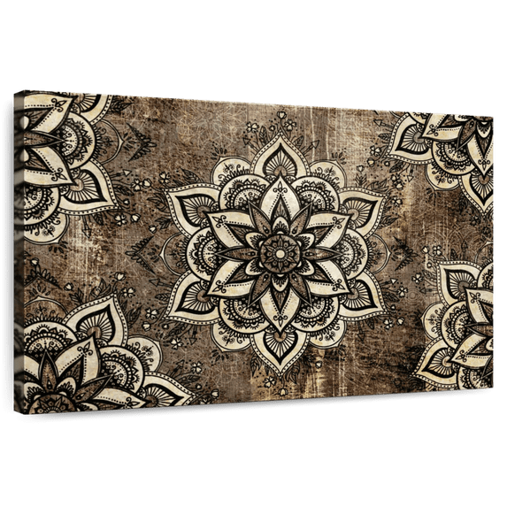 Elephant Stock Floral Geometric Mandalas Wall Art - Horizontal Canvas Wall Art - Living Room Wall Decor - Decor Elements Canvas - Brown And Black Decor - 36" x 24"