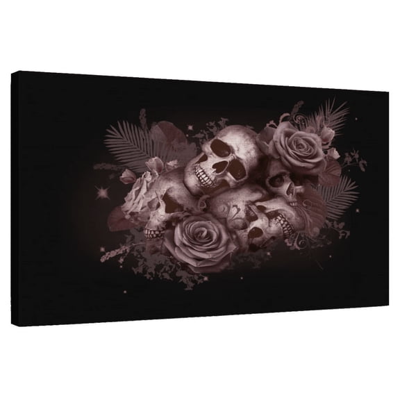 Elephant Stock Floral Skull Pile Wall Art - Horizontal Canvas Wall Art - Living Room Wall Decor - Gothic Canvas - Black And Pink Decor - 30" x 20"